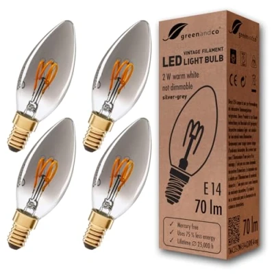 Afbeelding van 4x greenandco® Ampoule à Filament LED Vintage E14 C35 gris argent 2W 70lm 1800K (blanc chaud) 360 230V, non dimmable