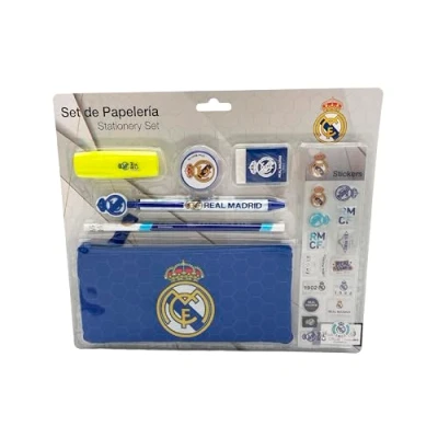 Image de CYPBRANDS CyP Brands Real Madrid Set de papeterie, ortathode, crayon, caoutchouc, taille stylo, surligneur, autocollants, couleur bleue, produit officiel