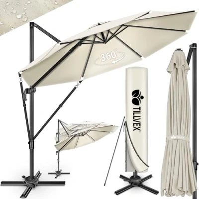 Afbeelding van tillvex® Zonnescherm UV50+, aluminium, 330 cm, met afdekking en windbescherming, zwengel, 7 voudig verstelbaar, 360 graden draaibaar, kantelbaar, groot, waterdicht, tuinparasol, Beige