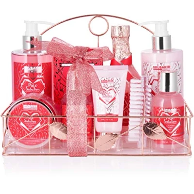 Afbeelding van BRUBAKER Cosmetics 10 Delig Bad en Douche Set Framboos Champagne Cadeautip Vrouw Cadeau Idee Verzorgingsset Geschenkset in Metalen Mandje Rosé Goud