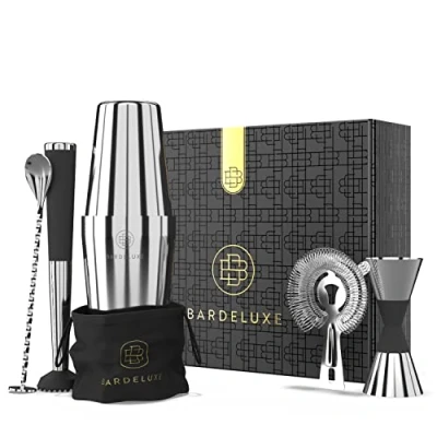 Afbeelding van BarDeluxe® Boston Shaker Cocktail Set 5 Delig Cocktailshakerset Cocktailshaker Stamper Zeef Bar Lepel Inclusief Receptenboek + Bewaarhoes Zilver
