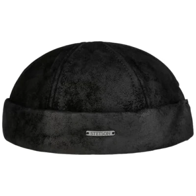 Afbeelding van STETSON docker Pigskin herenmuts, gemaakt in de EU, van leer met revers, cups, voering voor herfst en winter, zwart.