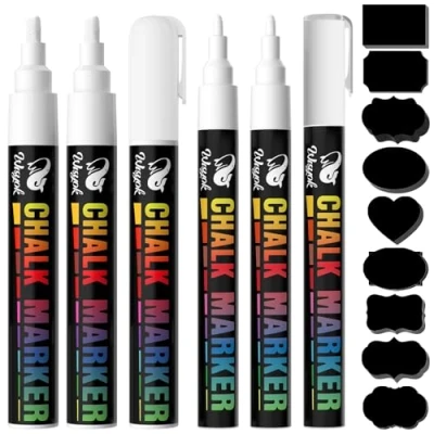 Afbeelding van WISYOK Set van 6 krijtstiften met 45 etiketten, witte krijtstiften, whiteboard stiften, voor whiteboard,