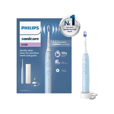 Image de Philips Brosse À Dents Électrique Sonicare Série 6100 Bleu Clair + Tête De Sensible Étui Voyage Hx7406/02