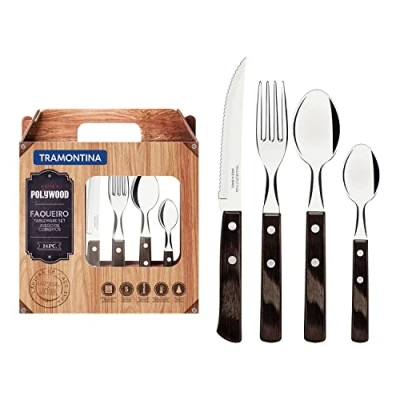 Afbeelding van Tramontina Bestekset 21199905 met steakmessen, 24 delig, scherp mes, vorken, theelepels, soeplepels houten handgrepen, voor camping, keuken, rustiek, geschikt