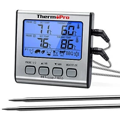Afbeelding van ThermoPro TP17 Digitale vleesthermometer met dubbele sonde groot lcd display achtergrondverlichting, kookthermometer, grill, oven, keuken, rookoven timer