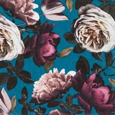 Afbeelding van Servetten Bloemen op donkerblauw, vintage, doe het zelf servetten, neutraal, tijdloos, tafeldecoratie, decoupage, servettechniek, 33 x cm, 20 stuks