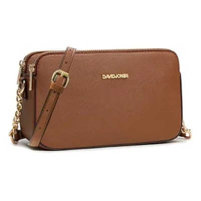 Afbeelding van DAVID JONES Kleine Schoudertas voor dames Tas mobiele telefoon van hard PU leer kettingen met 3 vakken Avond Shopping City Trend, Cognac bruin