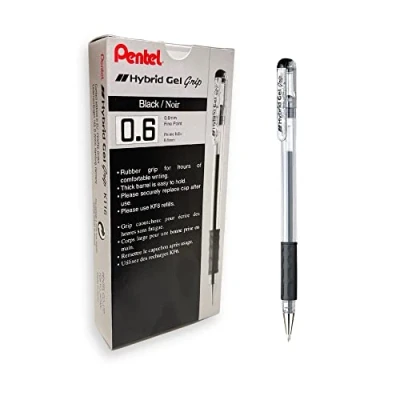 Afbeelding van Pentel, Hybrid Gel Grip rollerball balpen, 0,6 mm punt, 0,3 lijn, zwart, 12 stuks zwart