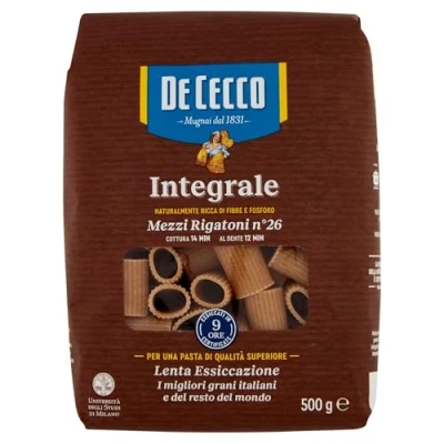 Afbeelding van 5 x pasta De Cecco Mezzi Rigatoni Integrali Nr. 26 Italiaanse met hele korrels, 500 g