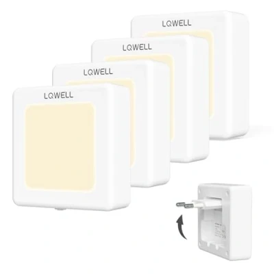 Afbeelding van LQWELL® Opvouwbaar nachtlampje met schemeringssensor, instelbare helderheid, automatisch contactlicht, warmwit oriëntatielicht voor kinderkamer hal (wit, 4 stuks)