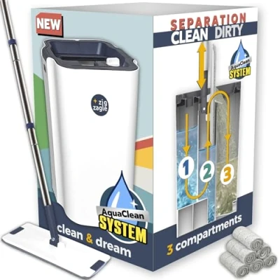 Afbeelding van Zig zagle Complete emmerset, platte bezem, 360 graden draaibaar, zelfreinigend, microvezel reservehoezen, hygiënisch scheidingssysteem, schoon en vuil water, handenvrij centrifugeren mop