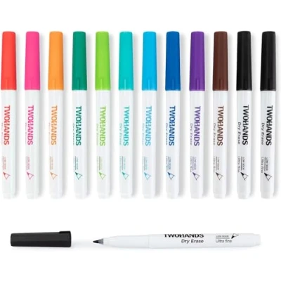 Afbeelding van TWOHANDS 20529 Wisbare Whiteboard markers, ultradun, 0,7 mm, geurarm, assortiment van 11 kleuren, 12 stuks,