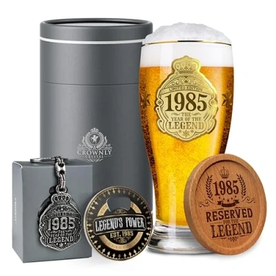 Afbeelding van CROWNLY CRYSTAL® 1985 Cadeau Mannen 40 Jaar Bierglas Gepersonaliseerde Decoratie Verjaardag Papa Grappig Origineel