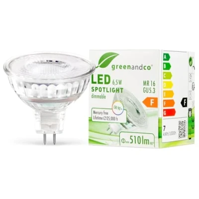 Afbeelding van greenandco® CRI 90+ MR16 GU5.3 led spot, dimbaar, 6,5 W, 510 lm, 38 graden, 3000 K, warmwit, 12 V AC/DC