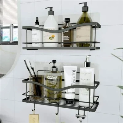 Afbeelding van KINCMAX Doucheplank, 2 stuks, mand voor keuken of badkamer, zonder boren, wandrek, zwart, douche en bad, met haken accessoires