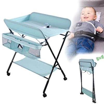 Afbeelding van Luiertafel inklapbaar met opbergmand aan de zijkant, ijzeren structuur, max. belasting 25 kg, voor pasgeborenen, ergonomisch design, opvouwbare en draagbare luiertafel, 80 x 66 98 cm, blauw
