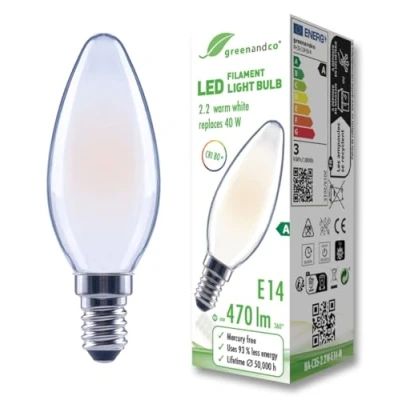 Afbeelding van greenandco Matte led filamentlamp, E14 C35, 2,2 W, 470 lm, vervangt 40 2700 K, warmwit, 320 graden, 230 V, flikkervrij, energieklasse A, niet dimbaar