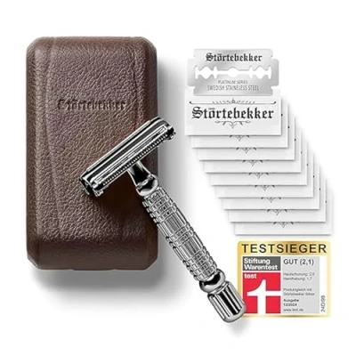 Afbeelding van Störtebekker scheerapparaat voor heren, handgemaakt lederen etui scheerset met 10 scheermesjes Reisetui en geïntegreerde spiegel Handmatig heren Zwart Koffie)