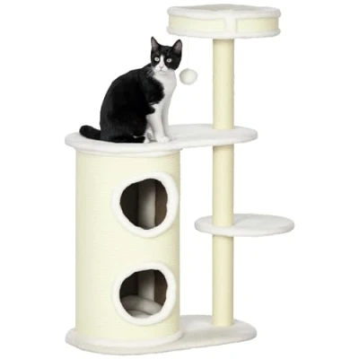 Afbeelding van PawHut arbre à chat 100 cm avec griffoir, colonne de sisal et balle jeu, meubles pour coussin, en peluche, blanc crème