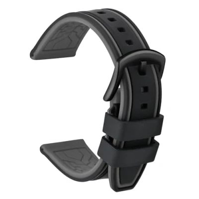 Afbeelding van Ullchro Vervangende horlogeband van siliconen, tweekleurig, 20, 22, 24, 26 mm, rubber, armband met roestvrij staal, gesp zilverkleurig, Zwart en Grijs, 26mm, Riem