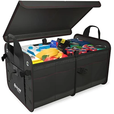 Afbeelding van ATHLON TOOLS Premium kofferbaktas met deksel 60 liter XXL kofferbak organizer extra stabiele en waterdichte bodem antislip klittenband (zwart/rode siernaden)