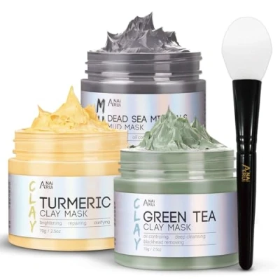 Afbeelding van ANAiRUi Gezichtsmasker, Groene Thee Klei Masker, Kurkuma Minerale Dode Zee Modder Kit voor Dieptereiniging, Ontgifting en Vermindering van acne mee eters,