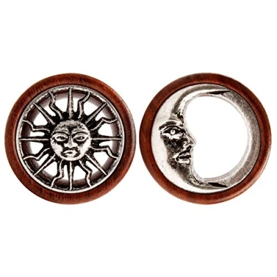 Afbeelding van KUBOOZ Tribal Sun &amp; Moon organische natuurlijke houten vleestunnels dubbel uitlopende plug stretch oorstretcher, Hout, Zonder steen