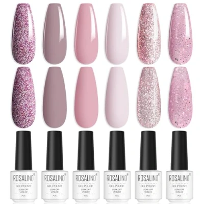 Image de ROSALIND Vernis Semi Permanent, Gel UV permanent 6 Couleurs Rose Violet Paillettes à Ongles Soak Off UV/LED Manucure