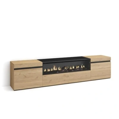 Afbeelding van Skraut Home tv kast, bank, grote opbergruimte, 200 x 45 35 cm, voor tv&#039;s tot 80 inch, elektrische open haard, moderne stijl, eiken en zwart