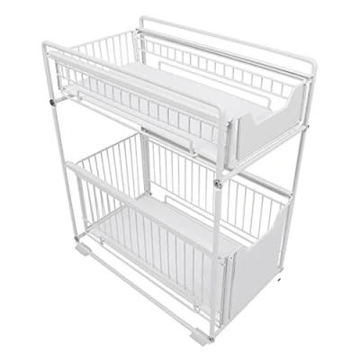 Afbeelding van Drumm Opberglade met 2 etages, organizer onder de gootsteen, afneembare uittrekbare manden van metaal, kruidenhouder voor keuken, badkamer, kantoor, wit
