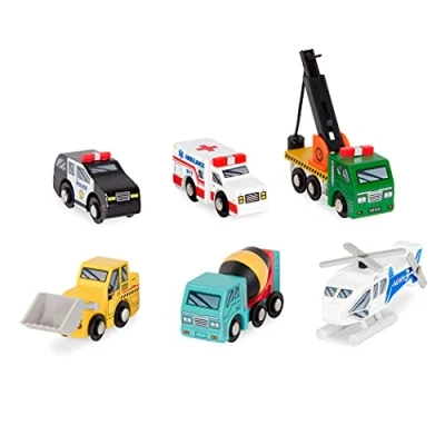 Afbeelding van Battat BT2705Z Houten voertuigen graafmachine, ambulance, kraan, betonmixer, helikopter, politieauto, 6 modellen