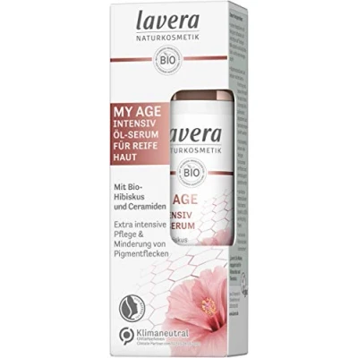 Afbeelding van lavera My AGE Intensieve olie serum met biologische hibiscus en plantaardige ceramiden, vermindert pigmentvlekken voor rijpe huid, gecertificeerd veganistisch, 30 ml