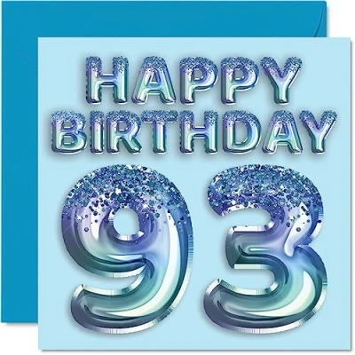 Afbeelding van Verjaardagskaart 93e verjaardag heren blauwe glitterfeestbal verjaardagskaarten voor mannen van 93 jaar, overgrootvader, opa,