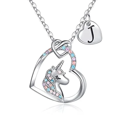 Afbeelding van TINGN Eenhoorn halsketting voor meisjes, 14 karaat witgoud, harthanger, initiaal A Z, eenhoorn, letter, ketting, sieraden dames, Goud, Zirkonia