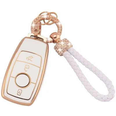 Afbeelding van Koaudb Autosleutelhoes, 3 knoppen, van soepel TPU met bling sleutelhanger, voor Mercedes Benz A/B/C/E/G/S/SL/CLS klasse, AMG, hoes smart key Fob (Bz 3L)