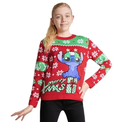 Afbeelding van Disney Kersttrui voor kinderen, Stitch, gebreid, kerstsweatshirt, meisjes, 7 14 jaar, Rood/Groen