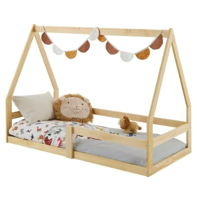 Afbeelding van IDIMEX LUSIA Kinderbed in huisvorm, 80 x 160 cm, natuur, van grenenhout met valbescherming, ideaal om te slapen en spelen, vloerbed, Montessori