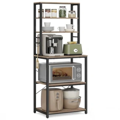 Afbeelding van VASAGLE KKS024B02 Keukenrek, rek voor koffiezetapparaat, 6 planken en haken, magnetron, stalen frame, industriële stijl, 40 x 60 167 cm, grijs zwart