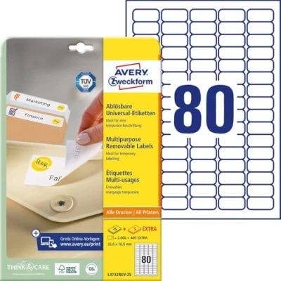 Afbeelding van Avery L4732REV 25 afneembare etiketten ft 35,6 x 16,9 mm (b h), 2.000 etiketten, wit etiket