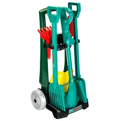 Afbeelding van Klein Toys Bosch tuin 7 delige tuinkar grastrimmer, schep, hark, gieter, schepje en zandhark incl. bijpassend geluid groen geel rood