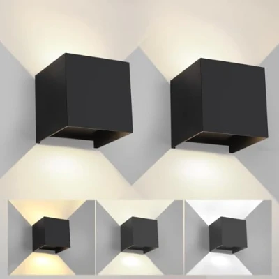 Afbeelding van Wandlamp voor buiten, binnen, verstelbaar, 3 kleuren, led, wandlamp, IP65, waterdicht, modern, zwart, 6 W, vierkante aluminium instelling van de verlichtingshoek, 2 stuks