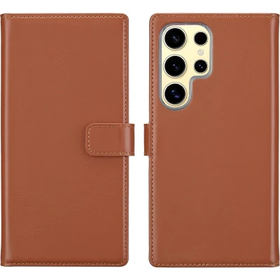 Afbeelding van Selencia Hoesje Geschikt voor Samsung Galaxy S25 Ultra Met Pasjeshouder Echt Lederen Bookcase Lichtbruin