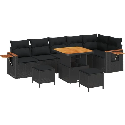 Afbeelding van vidaXL 9 delige tuinbankset met kussens zwart poly rattan en acacia
