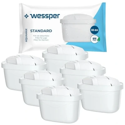 Afbeelding van Wessper 6 stuks vervangende filterpatronen voor Brita Maxtra karaf + filterpatronen, actieve koolfilter, compatibel met Brita, Dafi en Aquaphor karaffen