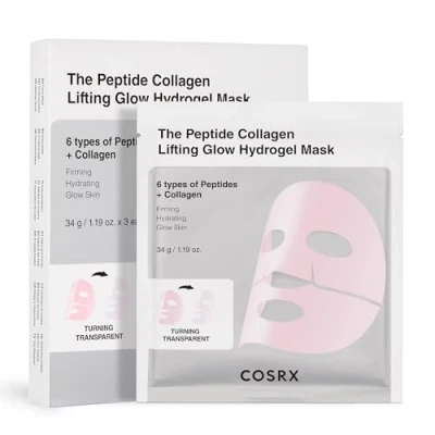 Afbeelding van COSRX The Peptide Collagen Lifting Glow Hydrogel Lot de 3 masques faciaux au collagène, essentiels voyage, masque nuit, soins la peau coréenne