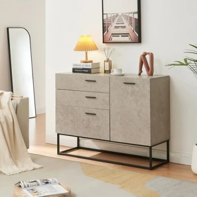 Afbeelding van [en.casa] Dressoir in industriële stijl, commode voor woonkamer, entree, slaapkamer, opbergkast met laden en gesloten rek, metalen deur, spaanplaat, 75 x 100 35 cm, zwart, licht betoneffect