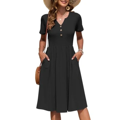 Afbeelding van AUSELILY Zomerjurk voor dames, korte mouwen, knielang, licht, V hals, knopen, met zakken, zwart., M