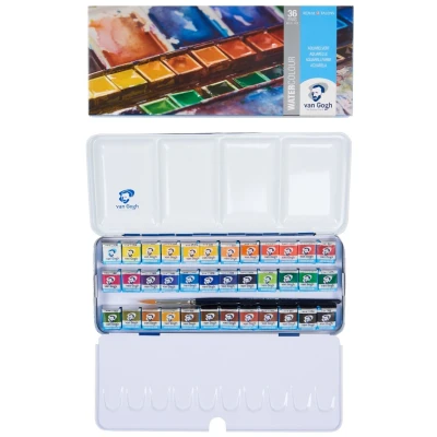 Afbeelding van Van Gogh Aquarelverf set in metalen blik met 36 kleuren halve Napjes + 1 penseel