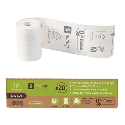 Afbeelding van Exacompta SumUp Pinrollen Ref 40762E Box met 20 thermische rollen 57 x 30 mm Voor mobiele betaalterminals 55g Phenol vrij Geen plastic afval Afmeting 9m Wit